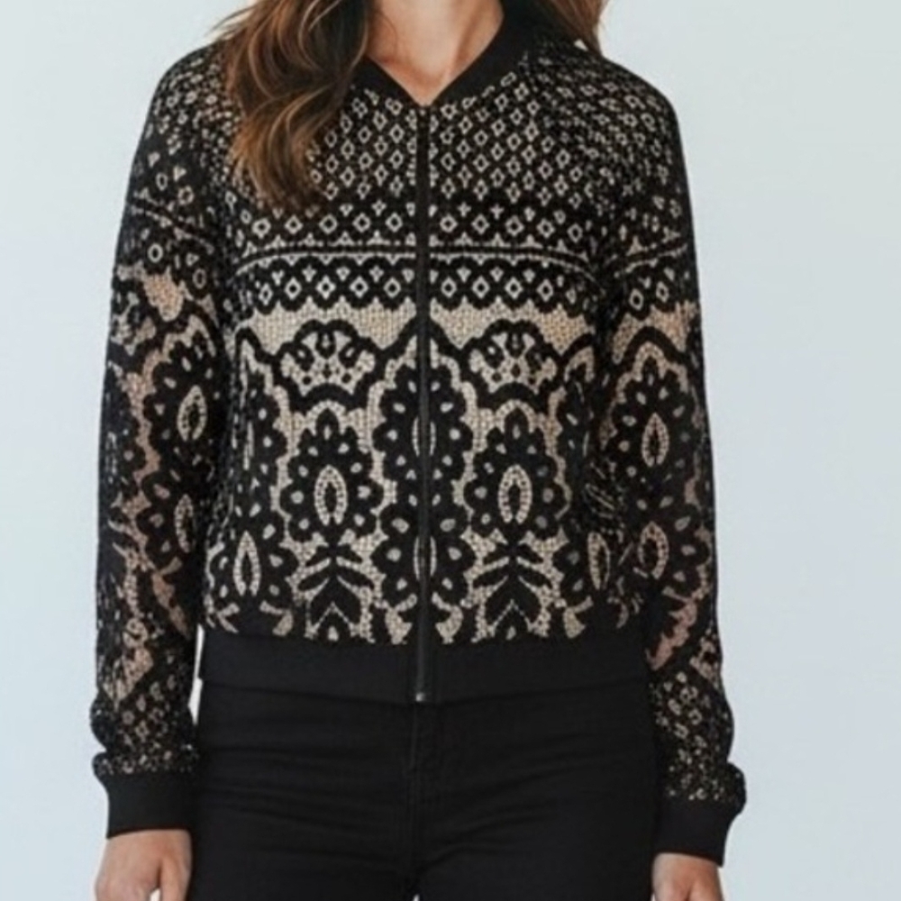 Blue Rain Lace Bomber Jacket Black Beige Lined Zipper Whimsigoth Size L